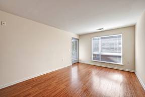 A room with wooden flooring and a window with blinds.