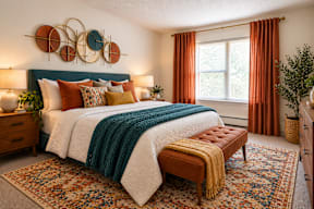 A bedroom with a bed, a bench, and a wall art.