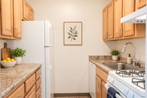 A kitchen with a white fridge, wooden cabinets, and a marble countertop.
