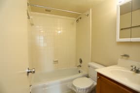 A white toilet sits next to a bathtub in a bathroom.