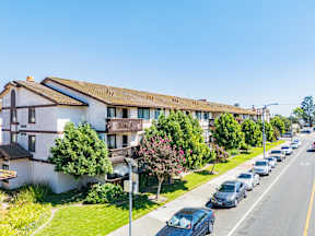 A row of houses with cars parked on the street.