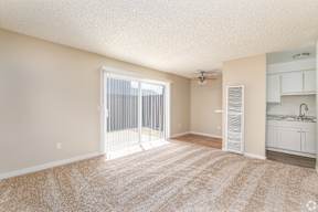 A room with a carpeted floor and a sliding glass door leading to a balcony.