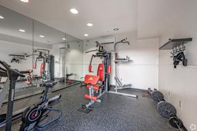 A gym with a variety of equipment including a treadmill, weights, and a bench press.