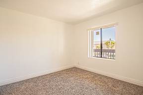A room with a carpeted floor and a window showing a balcony.