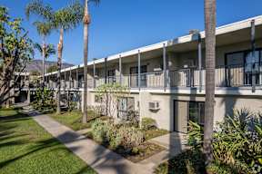 the courtyard of a condo building with palm trees at University Park, California
