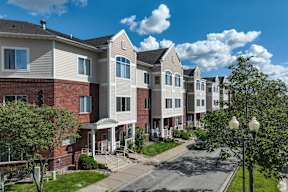 A row of townhouses with a tree in front of them.