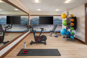 a home gym with exercise equipment and a wall mural of a beach