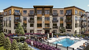 a rendering of an apartment building with a swimming pool