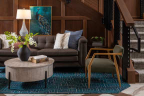 a living room with a brown couch and a blue rug