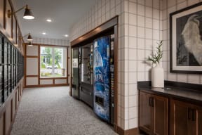 a vending machine in a lobby of a building