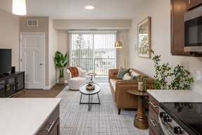 A modern living room with a grey carpet and a white kitchen counter.