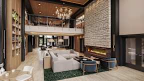 A modern living room with a fireplace and a chandelier.