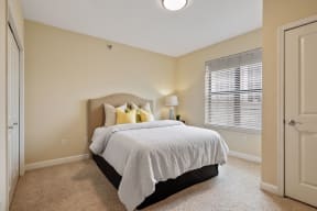 a bedroom with a bed in front of a window