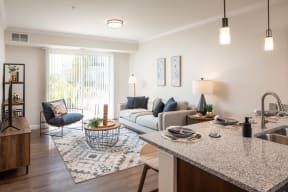 a living room with a kitchen and a dining room
