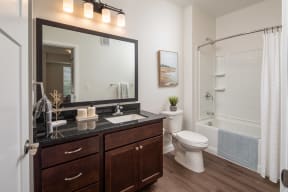 a bathroom with a mirror and a toilet and a shower