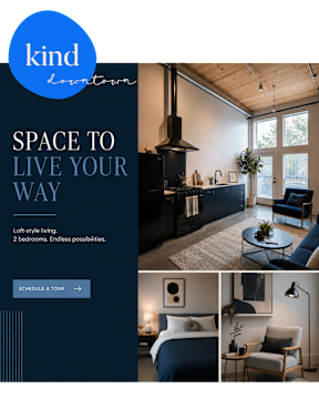 A webpage advertisement for a loft-style living space with two bedrooms.