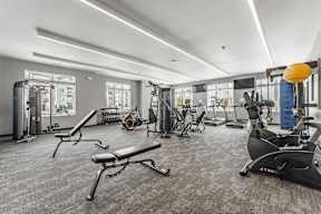 A gym with a variety of equipment including treadmills, stationary bikes, and weight machines.