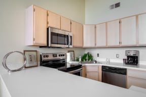 Light kitchen cabinets with extra storage and breakfast bar or kitchen island at The Greenhouse Apartments in Omaha, NE