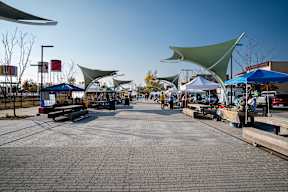 A street market with white tents and green shade sails.