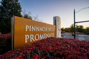A sign for Pinnacle Hills Promenade is shown in front of a street light.