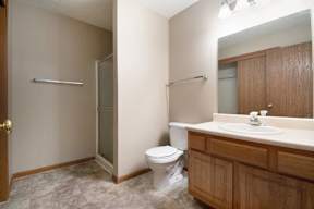 A bathroom with a toilet, sink, and shower.