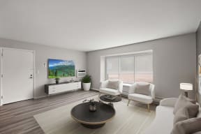 a living room with white furniture and a tv on the wall