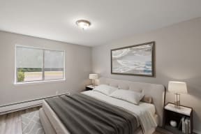 a bedroom with a bed and two windows