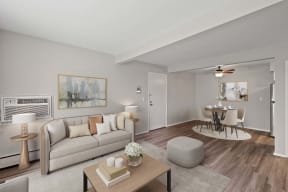a living room with a couch and a table