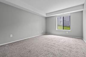A room with a carpeted floor and a window showing a view of a house.