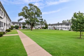 the view of a grassy yard between two apartment buildings