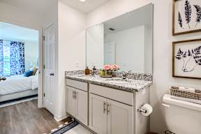 A bathroom with a vanity and a mirror.