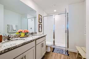 A bathroom with a sink, mirror, and shower.