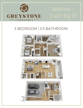 A floor plan for a 2,407 square foot Sedona townhome with three bedrooms and three and a half bathrooms.