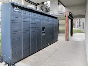 A large dark blue Amazon storage unit