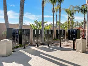A row of black mailboxes are lined up on a sidewalk.