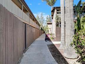 A concrete pathway leads to a building with a brown fence on the left.