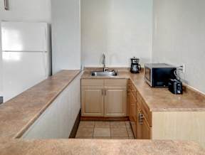 A kitchen with a sink, toaster, and refrigerator.