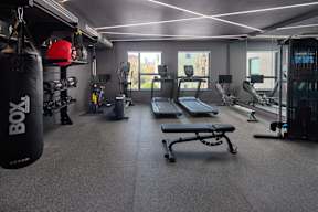 A gym with a punching bag and a bench.