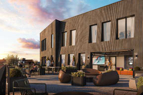 a rendering of a building with tables and chairs in front of it at Glassworks, Pennsylvania, PA