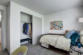 a bedroom with a bed and a closet