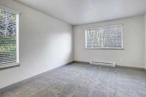 a bedroom with two windows and a carpeted floor