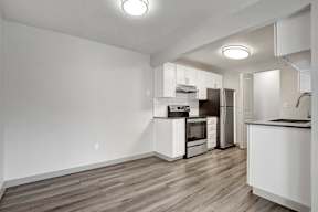 a kitchen with a stove top oven next to a refrigerator