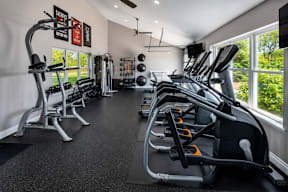 A gym with treadmills, weights, and exercise equipment.