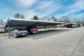 A car is parked under a green and white canopy.