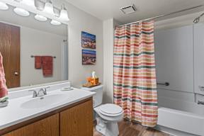 A bathroom with a white sink, toilet, and shower curtain.