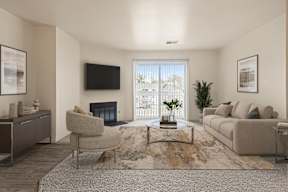 A living room with a fireplace, a chair, a sofa, and a television.