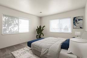 A bedroom with a large bed and a plant.