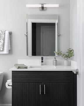 A bathroom with a white sink and a black cabinet.
