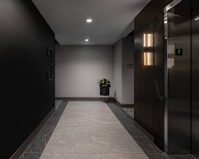 A hallway with a plant on the floor and a door with the number 3 on it.