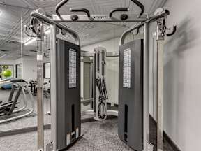 A gym with a squat rack and a mirror.